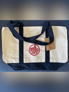 NWT Trader Joe’s Large Embroidered Canvas Tote, Navy